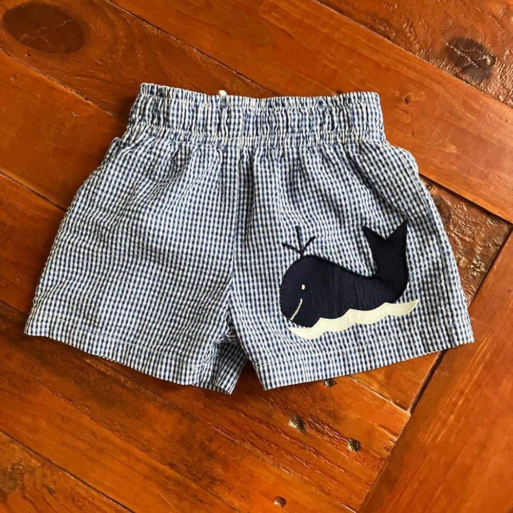 Funtasia Too boys navy seersucker swimsuit/trunks whale appliqué Sz 12-18 mos